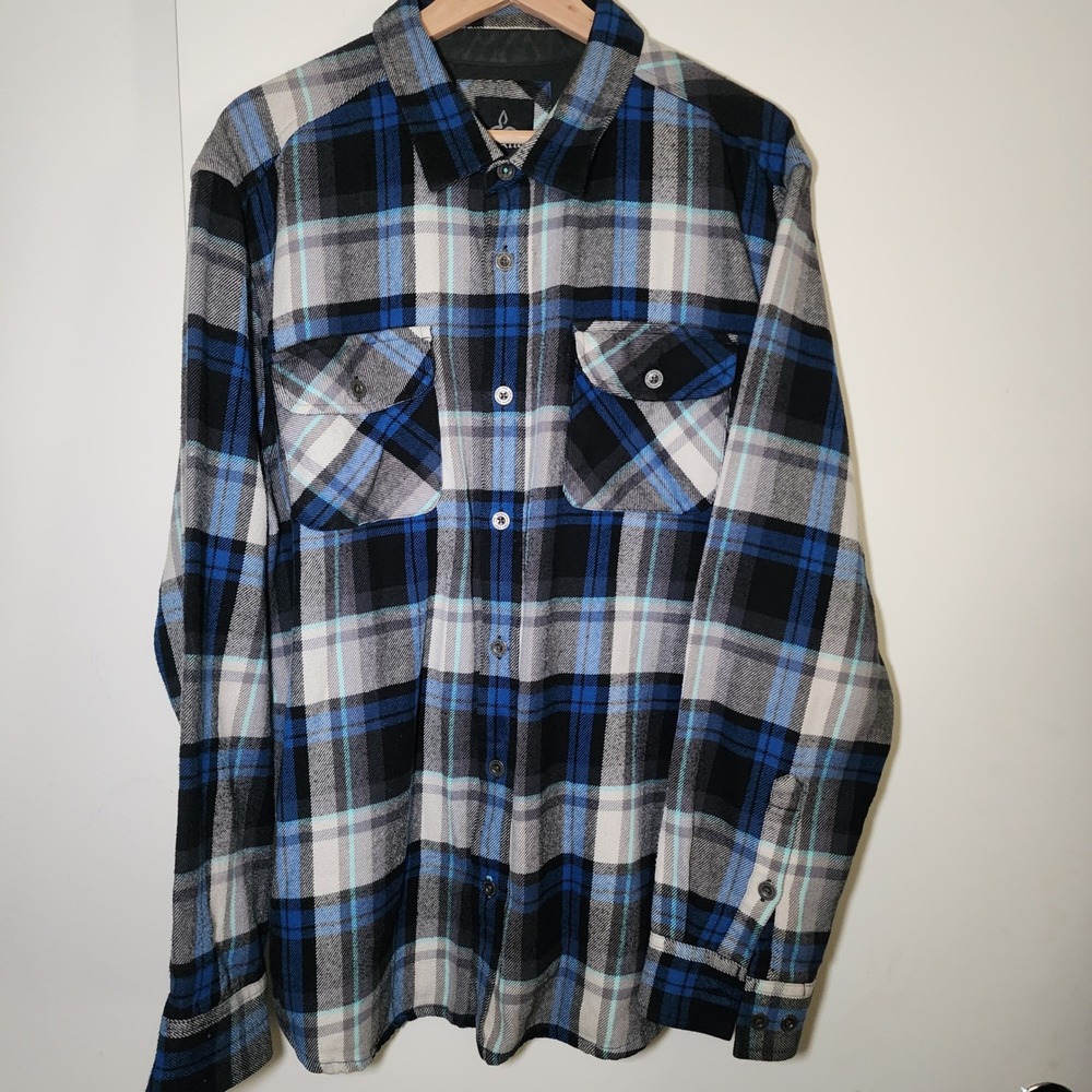 prAna Flannel Shirt Mens LRG Blue Black Plaid Excellent Organic Cotton Heavy